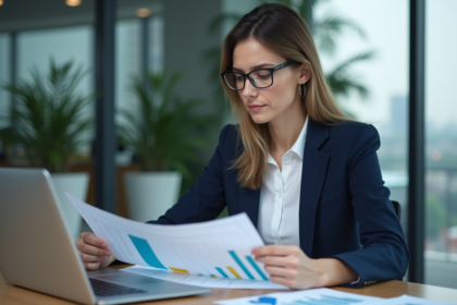 Femme d'affaires en réunion avec graphique financier