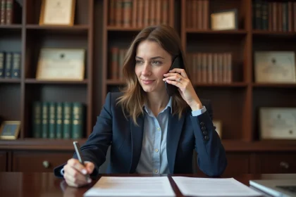 Femme d affaires au bureau parlant au téléphone