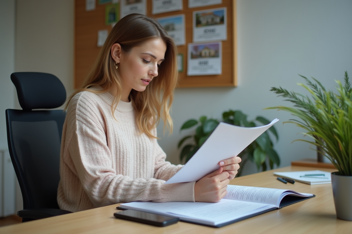 Jeune femme examinant un dossier de location au bureau immobilier