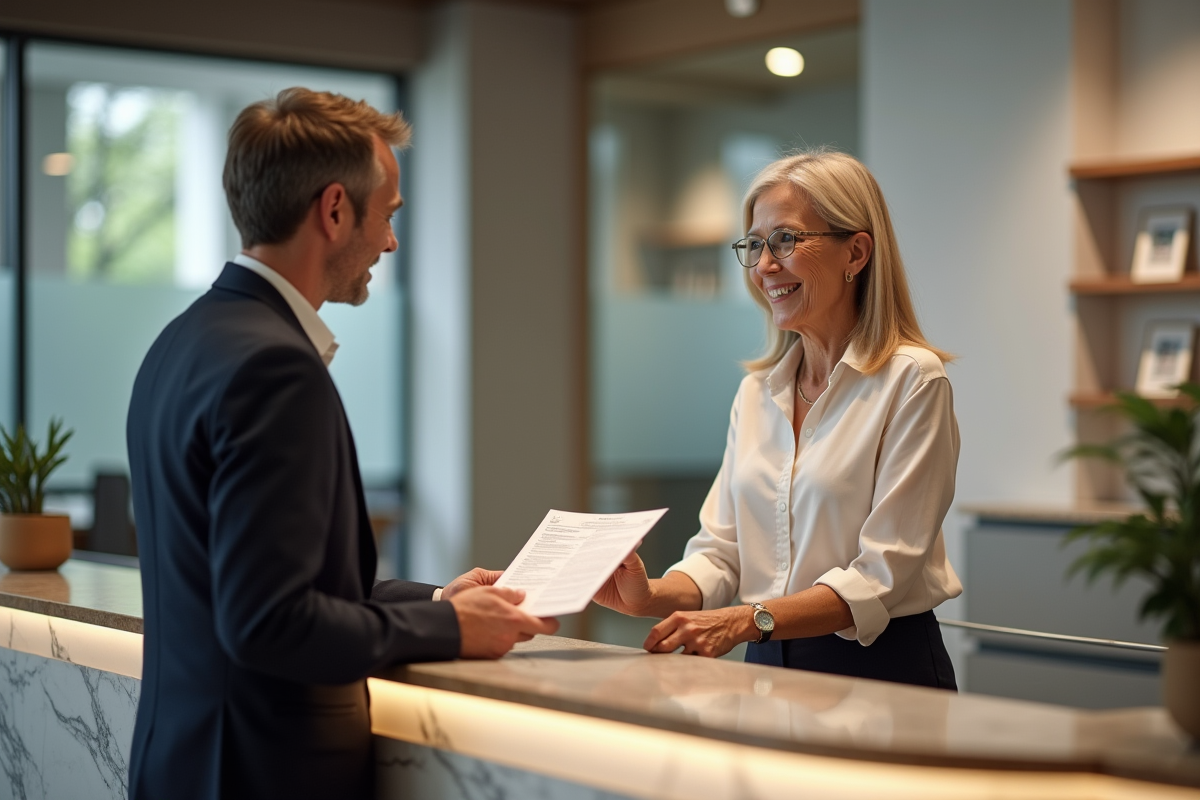 Femme d age confiante remettant un formulaire à la banque
