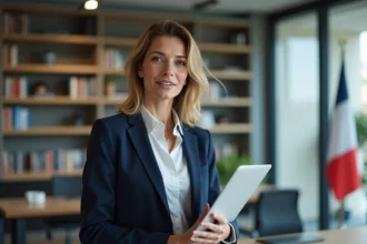 Femme en blazer navy dans un bureau moderne