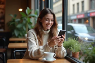 Femme dans un café lisant son téléphone avec sourire