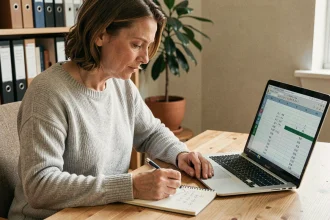 Femme calculant le nombre de jours depuis une date clé sur un carnet et un ordinateur portable dans un bureau à domicile