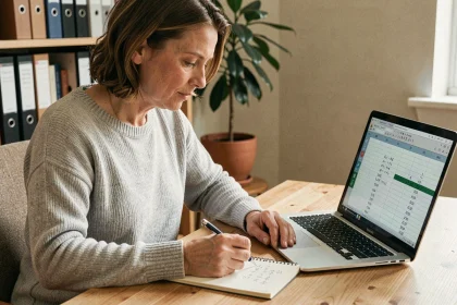 Femme calculant le nombre de jours depuis une date clé sur un carnet et un ordinateur portable dans un bureau à domicile
