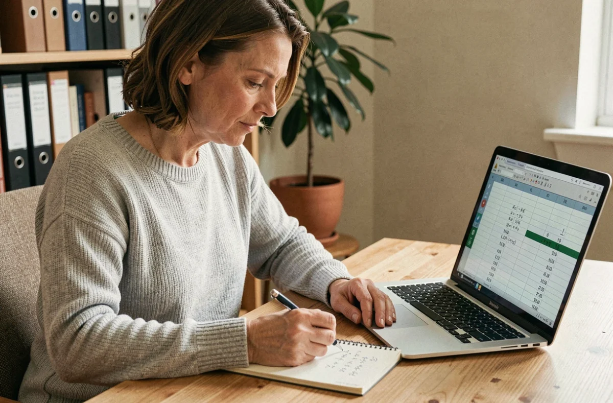 Femme calculant le nombre de jours depuis une date clé sur un carnet et un ordinateur portable dans un bureau à domicile