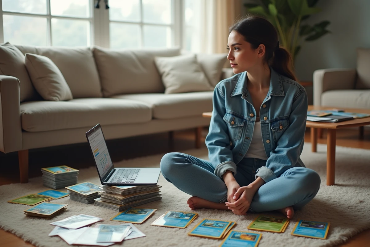 Collectionneuse adulte triant et cataloguant ses cartes Pokémon à la maison en vue des sorties prévues en 2026