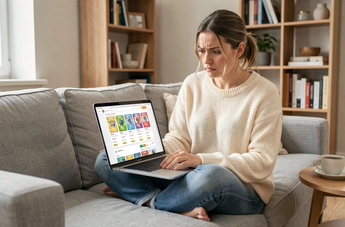 Femme comparant des avis et prix sur un site de vente de cartes Pokémon en ligne depuis son canapé