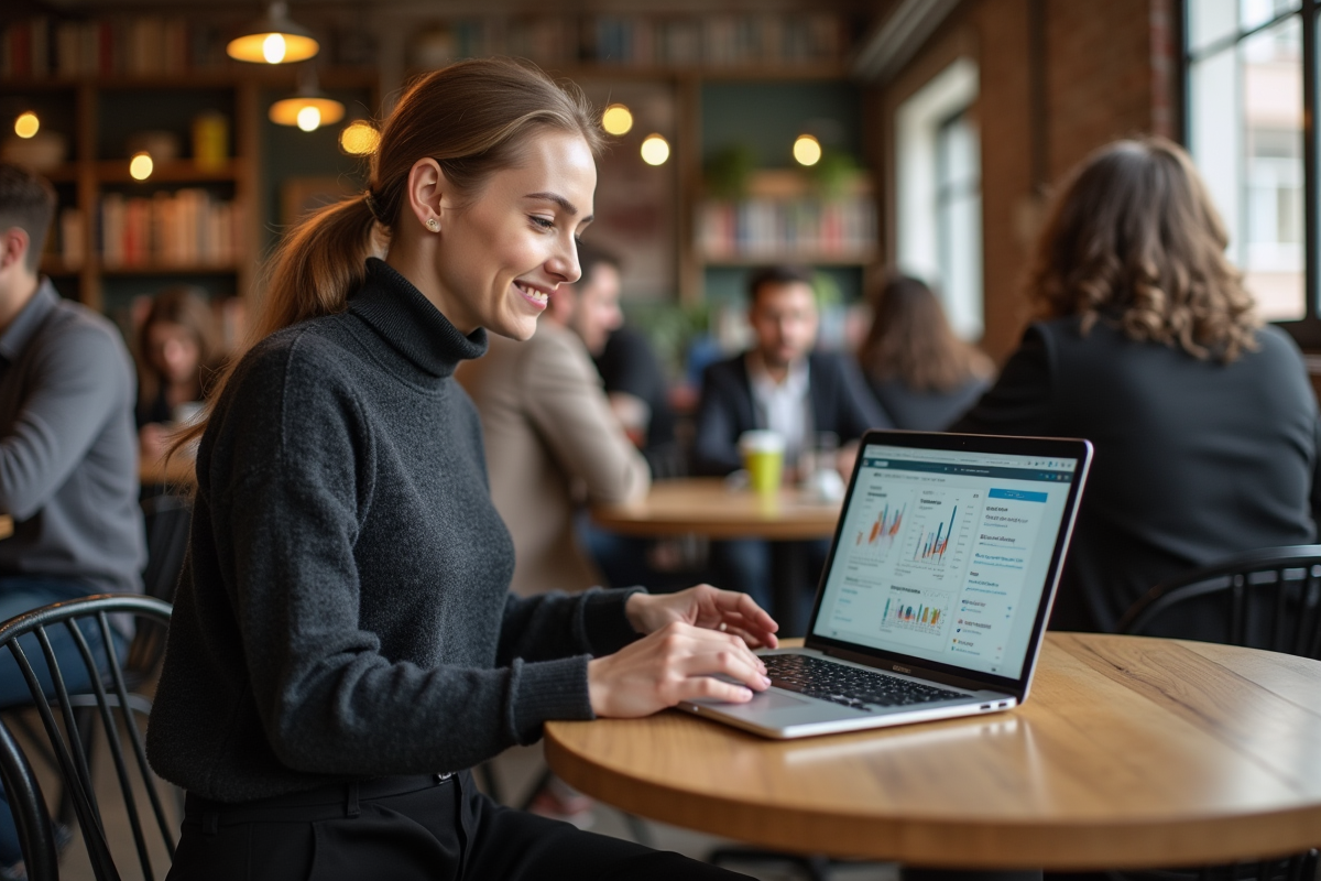 Femme developpeur présentant des données sur son ordinateur