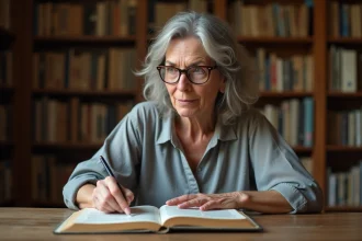 Femme d'âge mûr consultant un dictionnaire français ancien dans une bibliothèque personnelle, illustrant la recherche du sens du verbe s'amenuiser
