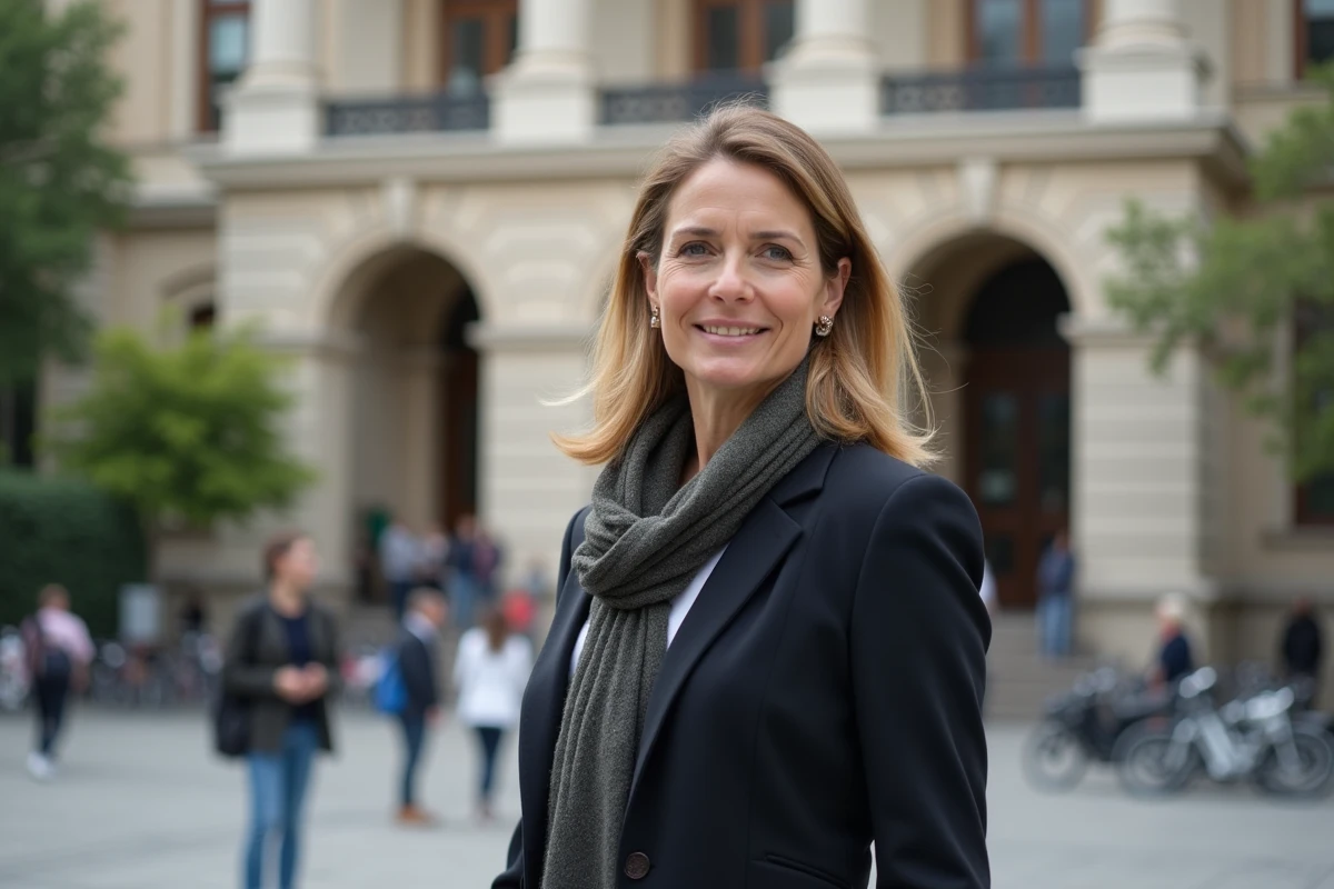 Femme en blazer parlant devant mairie en plein air