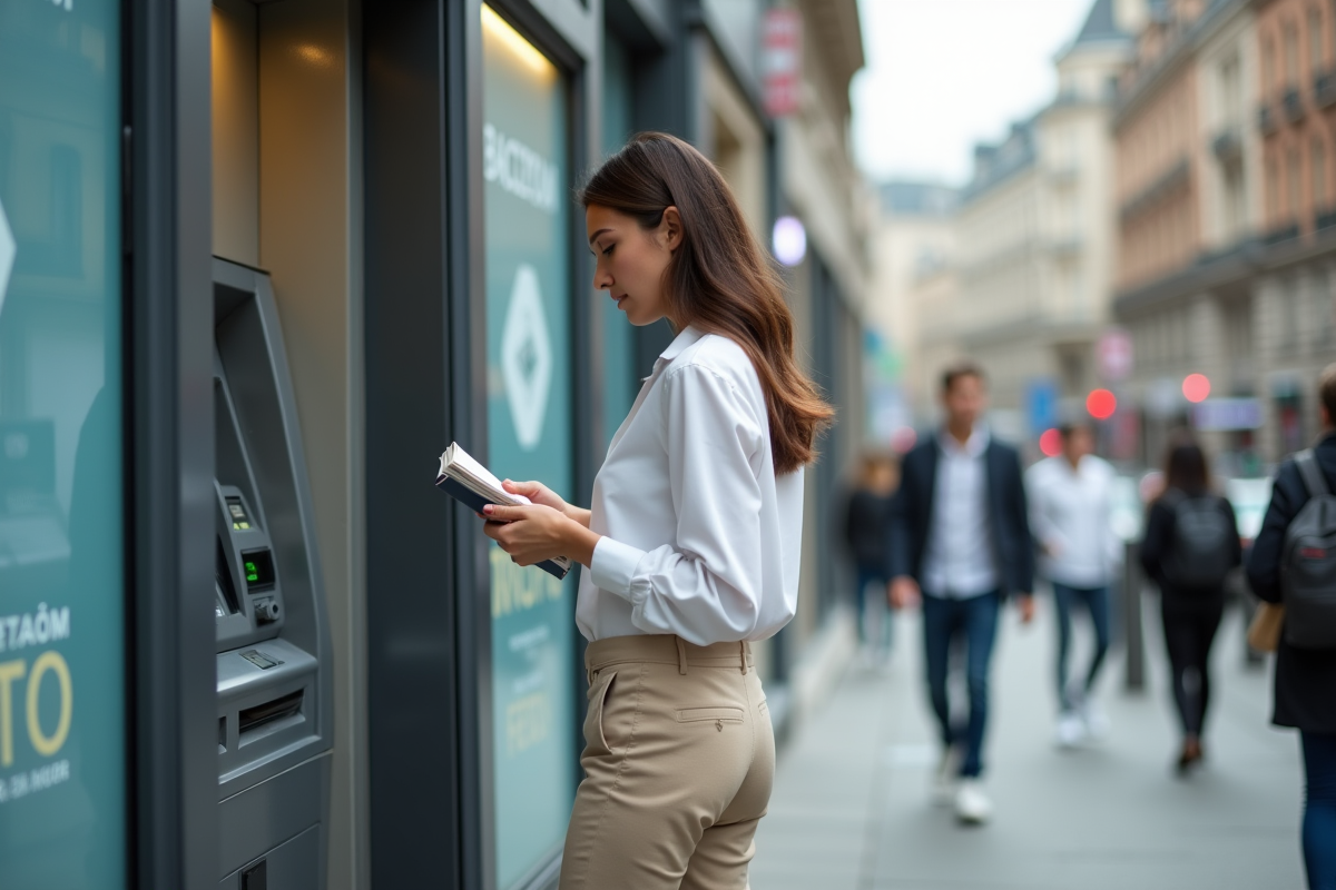 Jeune femme perplexe devant un distributeur automatique en ville