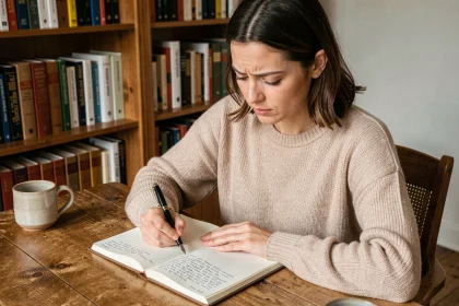 Femme concentrée écrivant dans un cahier avec un stylo plume, illustrant la correction orthographique en français
