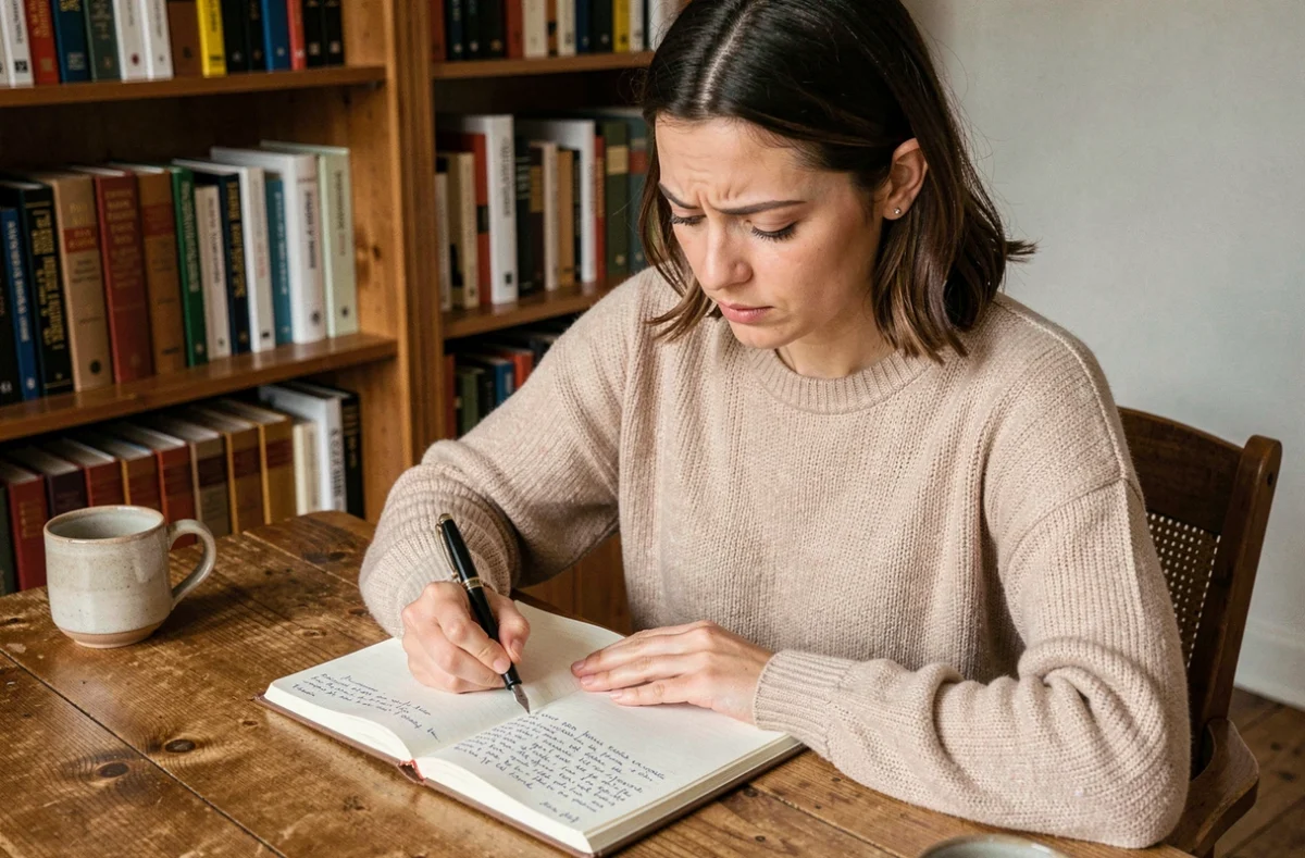 Femme concentrée écrivant dans un cahier avec un stylo plume, illustrant la correction orthographique en français