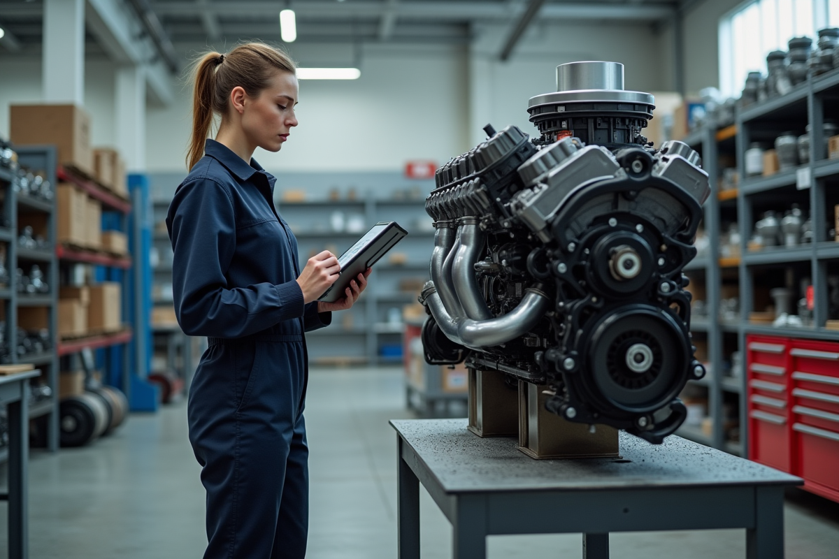 Ingénieure automobile inspectant un moteur dans un atelier