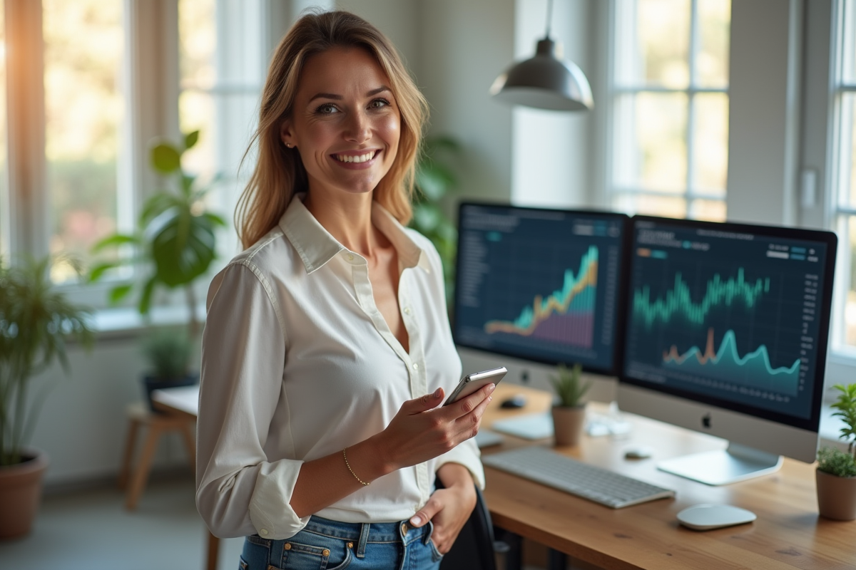 Femme entrepreneure dans un bureau lumineux avec écrans d