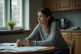 Femme épuisée émotionnellement assise seule dans une cuisine, planifiant sa sortie d'une relation toxique avec un pervers narcissique