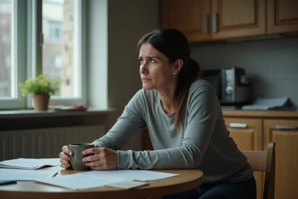 Femme épuisée émotionnellement assise seule dans une cuisine, planifiant sa sortie d'une relation toxique avec un pervers narcissique