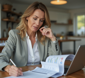 Femme d'âge moyen en tenue professionnelle étudie des documents financiers à la maison