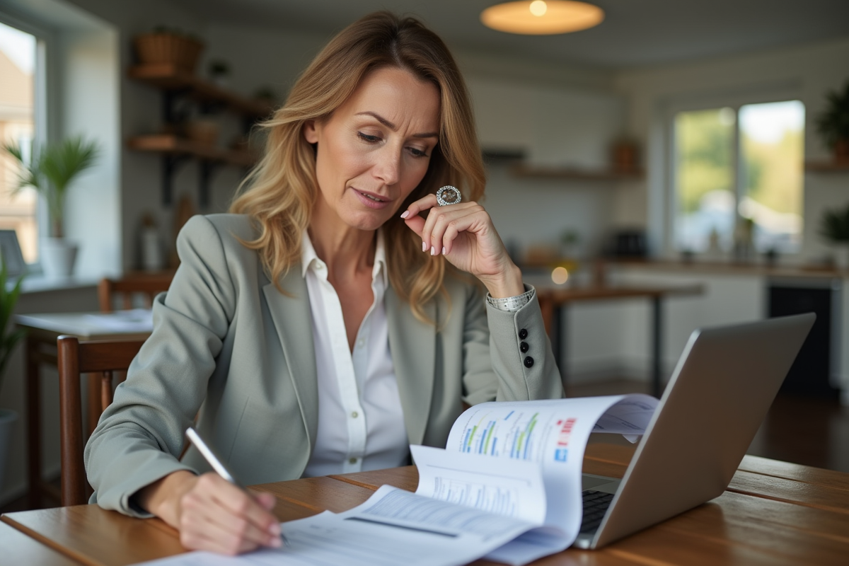 Femme d'âge moyen en tenue professionnelle étudie des documents financiers à la maison