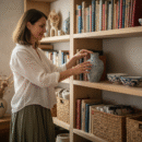 Femme française élégante choisissant un vase en céramique dans un intérieur parisien