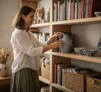 Femme française élégante choisissant un vase en céramique dans un intérieur parisien