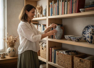 Femme française élégante choisissant un vase en céramique dans un intérieur parisien