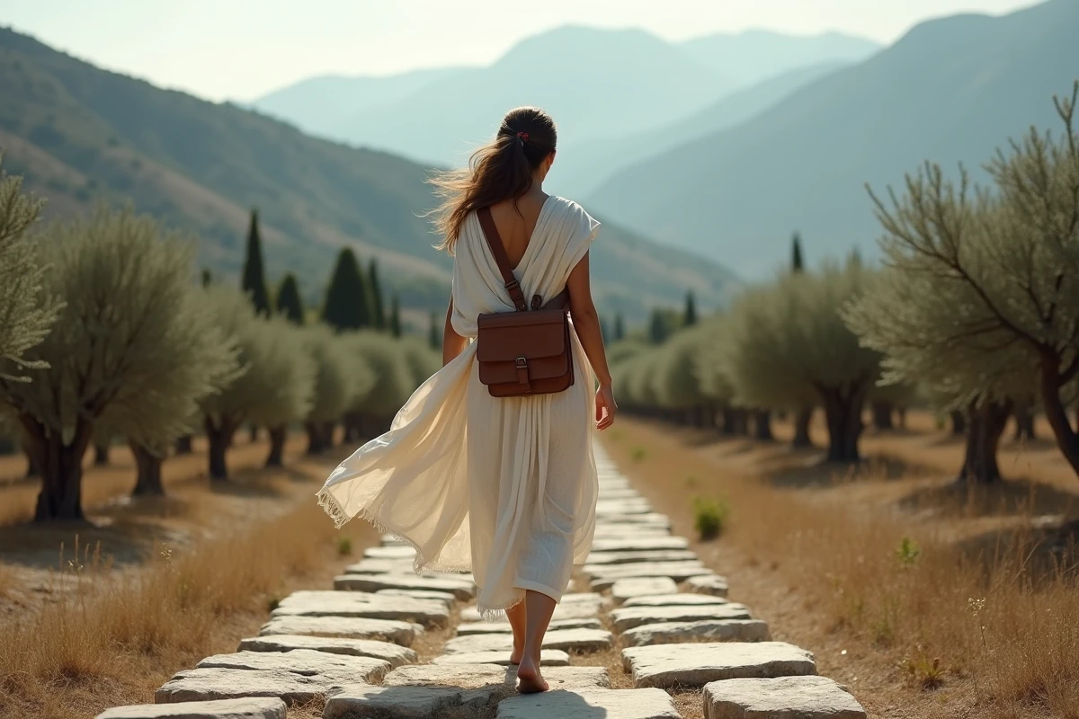 Femme athletique en tunique grecque sur seuil de pierre