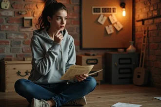 Jeune femme consultant un guide de solution imprimé pour un jeu d'évasion Rooms et Exits dans une salle de type escape room