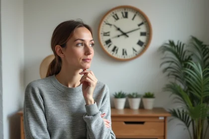 Femme contemplant une horloge murale affichant 12h12 dans un salon scandinave épuré, symbolisant l'heure miroir et la synchronicité
