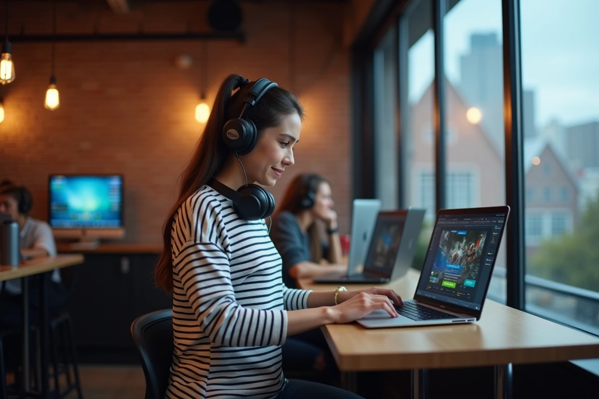 Jeune femme s'inscrivant à un tournoi de jeu vidéo sur ordinateur portable dans un espace de coworking urbain en 2026