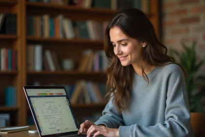 Jeune femme souriante jouant à un jeu de mots sur ordinateur portable dans un bureau cosy avec bibliothèque en arrière-plan