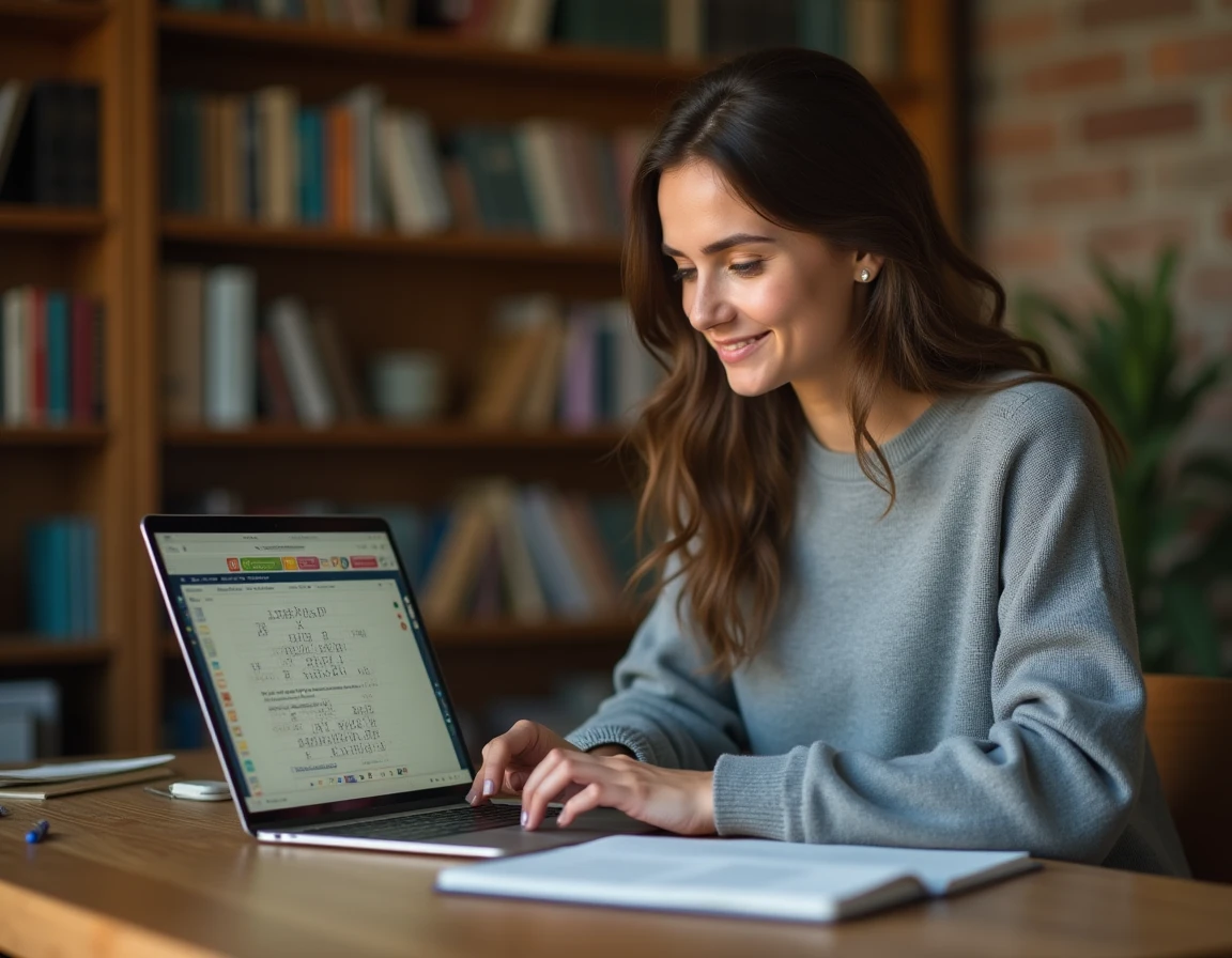 Jeune femme souriante jouant à un jeu de mots sur ordinateur portable dans un bureau cosy avec bibliothèque en arrière-plan