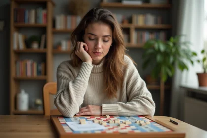 Femme concentrée jouant au Scrabble à la maison