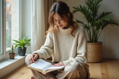 Femme pensive écrivant le nombre 0808 dans son journal intime, symbolisant la numérologie et la spiritualité