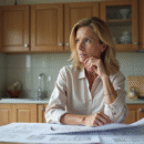 Femme concentrée à lire des plans de maison dans la cuisine