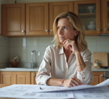 Femme concentrée à lire des plans de maison dans la cuisine