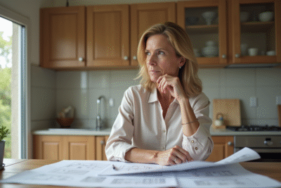 Femme concentrée à lire des plans de maison dans la cuisine