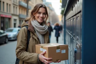 Femme avec colis dans un casier urbain en extérieur