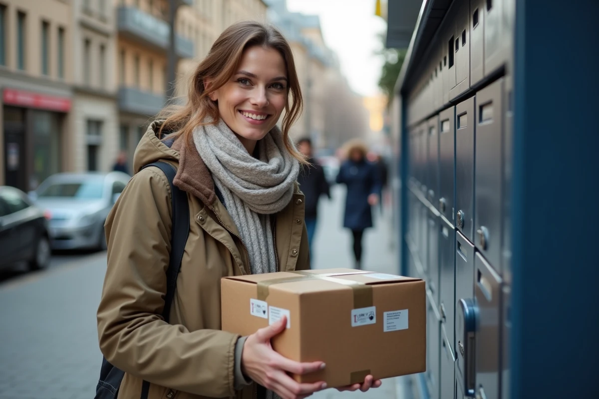Femme avec colis dans un casier urbain en extérieur