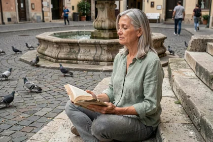 Femme méditant paisiblement sur des marches en pierre dans une place publique européenne, tenant un livre ouvert, symbole de réflexion sur la paix dans le monde