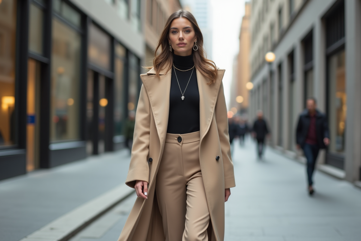 Femme en manteau beige marche en ville en journée
