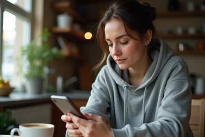 Femme jouant à Monopoly GO sur smartphone à la table de cuisine pour collecter des récompenses quotidiennes