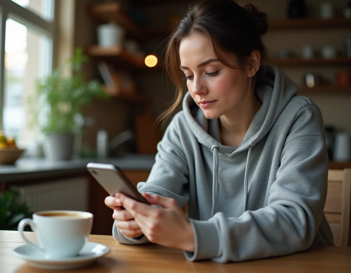 Femme jouant à Monopoly GO sur smartphone à la table de cuisine pour collecter des récompenses quotidiennes