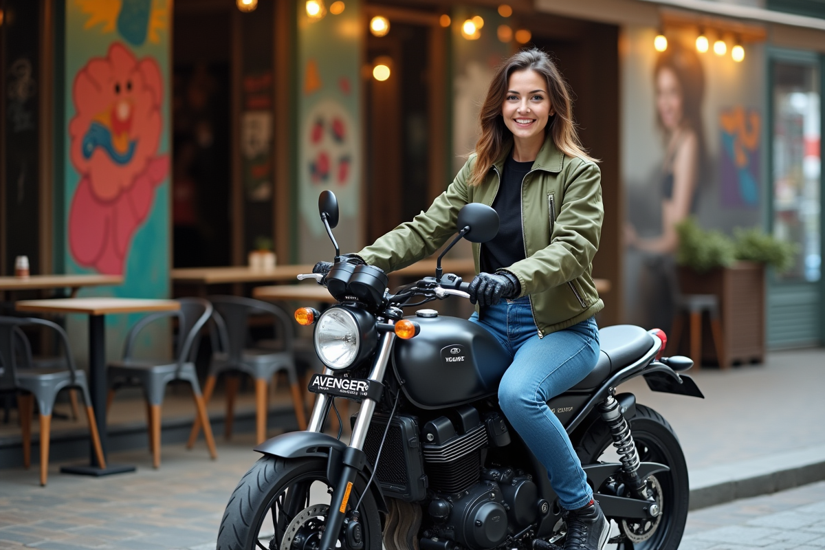 Femme souriante à moto dans un décor urbain dynamique