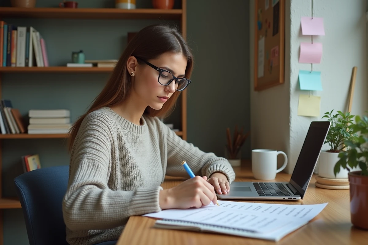 Jeune femme écrivant le mot de passe Codycross dans un calendrier