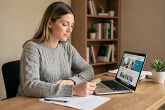 Femme organisant son quotidien avec une liste de tâches et un ordinateur portable dans un bureau à domicile ordonné