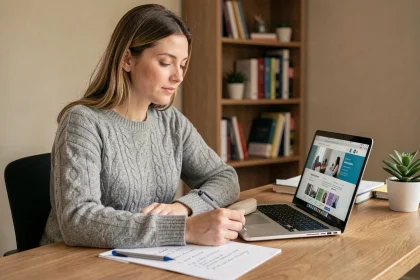 Femme organisant son quotidien avec une liste de tâches et un ordinateur portable dans un bureau à domicile ordonné