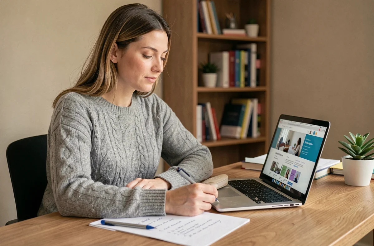 Femme organisant son quotidien avec une liste de tâches et un ordinateur portable dans un bureau à domicile ordonné
