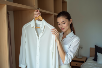 Jeune femme bien soignee rangeant ses vêtements dans une chambre moderne