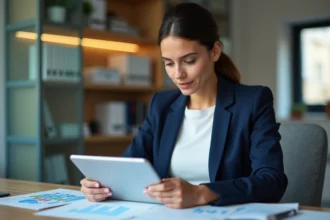 Femme professionnelle en réunion avec tablette et graphique